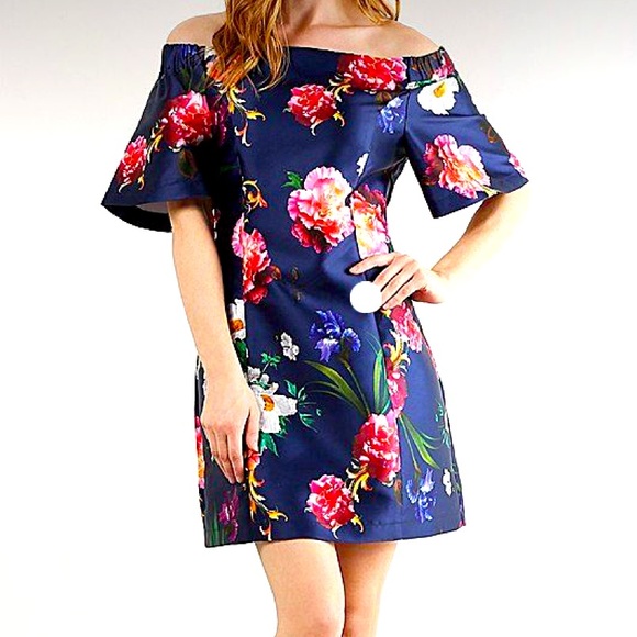 LARA Fashion-Satin Navy Floral Bell-Sleeve Off-Shoulder Dress / Size Medium/NWT - Picture 1 of 3